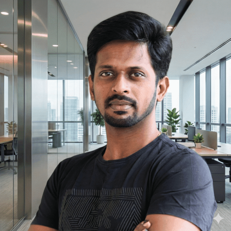 Author portrait: a young man in a black t-shirt looks intently at the camera in an office setting.